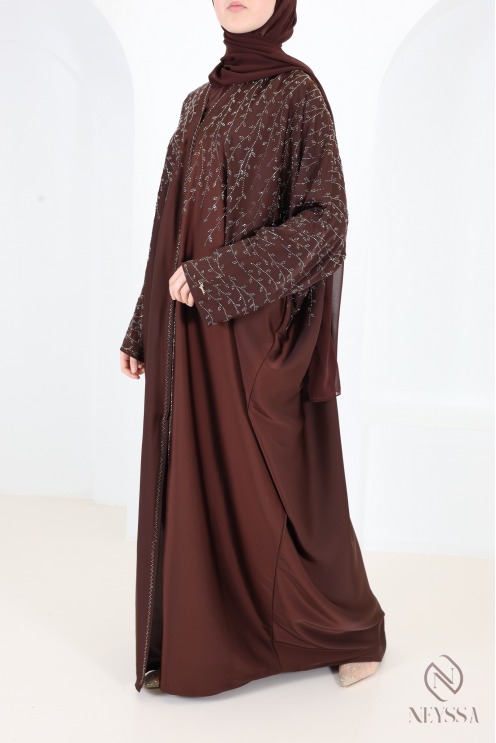Abaya Dubai Kimono in Schokoladenbraun mit Strasssteinen