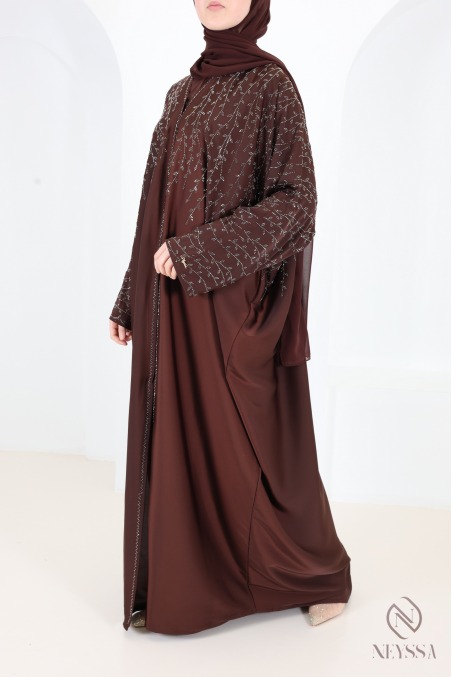 Chocolate-colored Dubai kimono-style abaya with rhinestones,butterfly