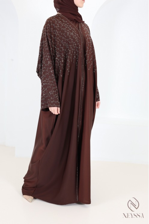 Abaya Dubai Kimono in Schokoladenbraun mit Strasssteinen