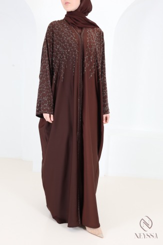 Abaya Dubaï kimono chocolat avec strass, coupe ample papillon 2