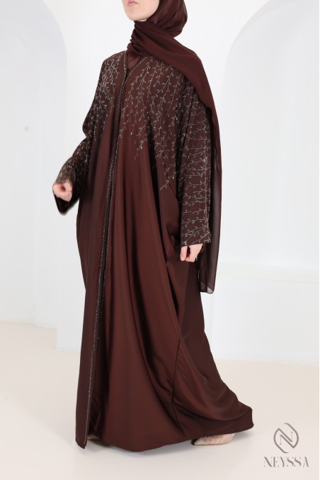 Abaya Dubaï kimono chocolat avec strass, coupe ample papillon