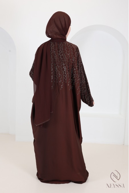 Abaya Dubai Kimono in Schokoladenbraun mit Strasssteinen