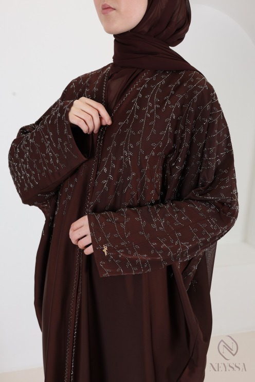Abaya Dubaï kimono chocolat avec strass, coupe ample papillon