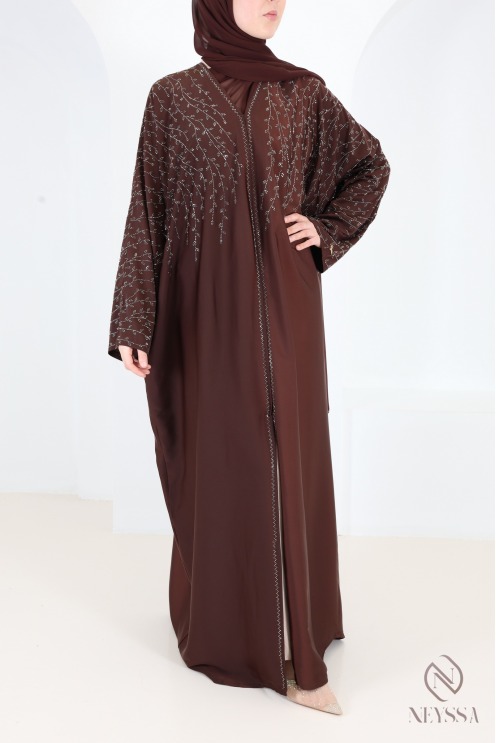 Abaya Dubaï kimono chocolat avec strass, coupe ample papillon