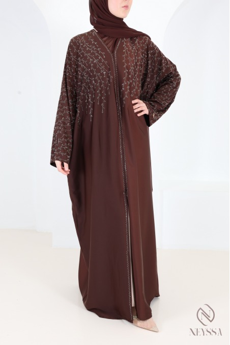 Chocolate-colored Dubai kimono-style abaya with rhinestones,butterfly