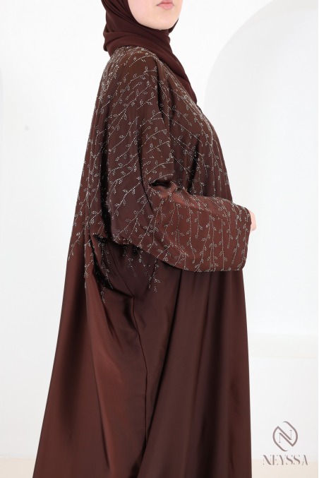 Abaya Dubaï kimono chocolat avec strass, coupe ample papillon