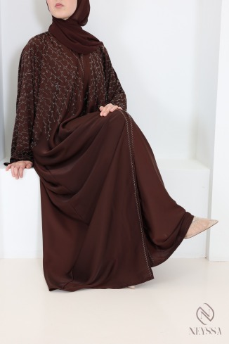 Abaya Dubaï kimono chocolat avec strass, coupe ample papillon