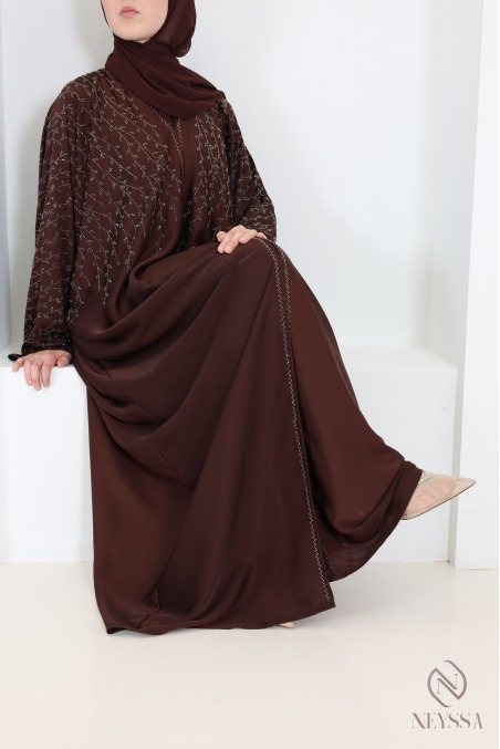 Chocolate-colored Dubai kimono-style abaya with rhinestones,butterfly