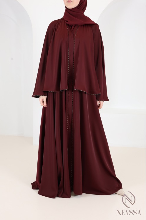 Luxuriöser, burgunderroter Abaya-Kimono mit Strasssteinen aus Dubai