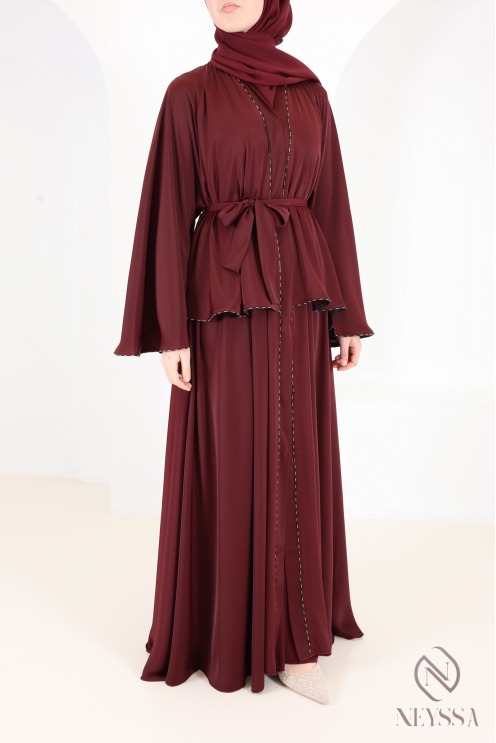 Luxury burgundy rhinestone Dubai abaya kimono