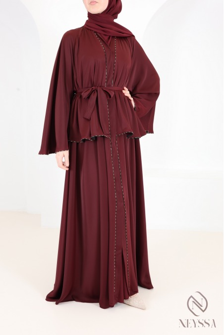 Abaya Dubaï kimono de luxe bordeaux à strass tendance