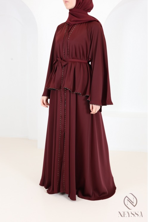 Abaya Dubaï kimono de luxe bordeaux à strass tendance