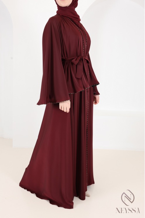 Luxury burgundy rhinestone Dubai abaya kimono