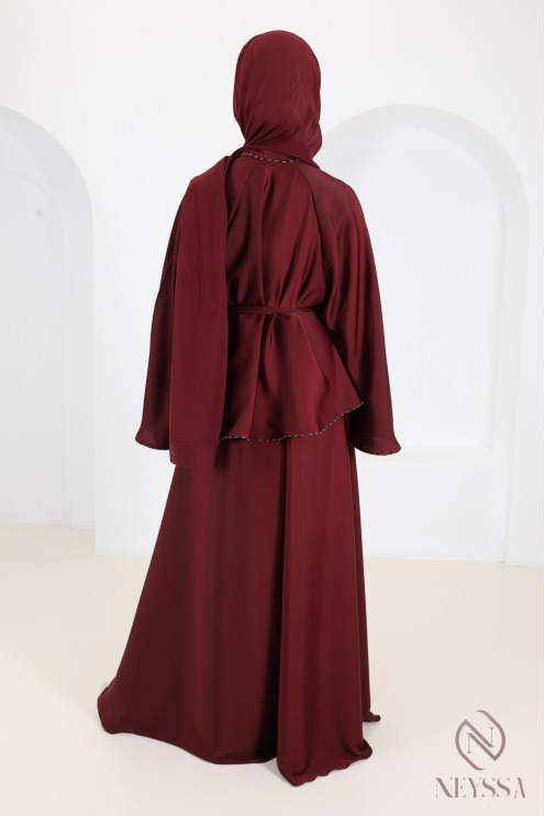 Abaya Dubaï kimono de luxe bordeaux à strass tendance