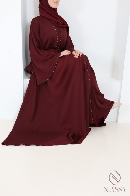 Abaya Dubaï kimono de luxe bordeaux à strass tendance
