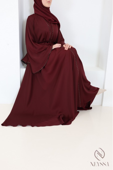 Luxuriöser, burgunderroter Abaya-Kimono mit Strasssteinen aus Dubai