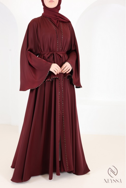 Luxury burgundy rhinestone Dubai abaya kimono