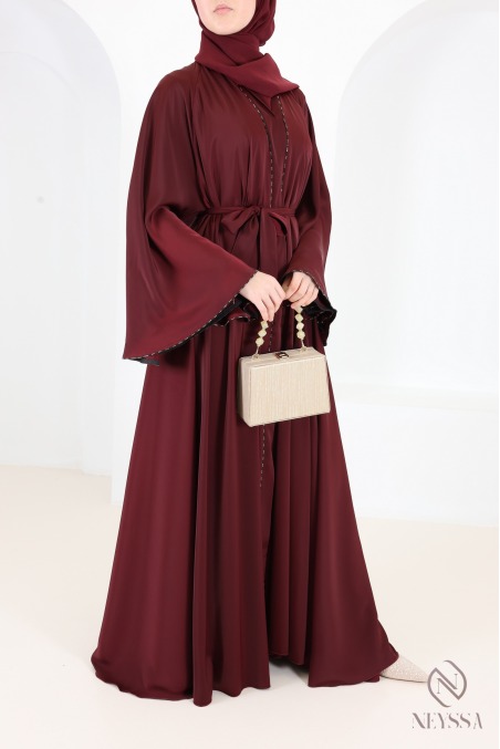 Abaya Dubaï kimono de luxe bordeaux à strass tendance