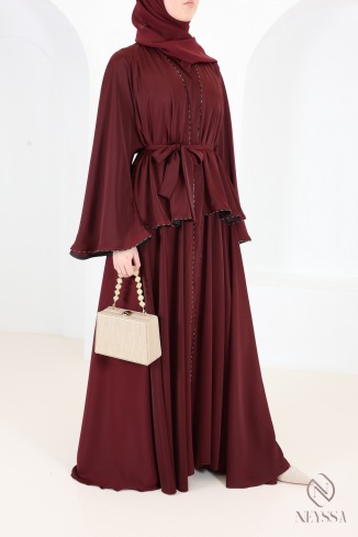 Luxury burgundy rhinestone Dubai abaya kimono