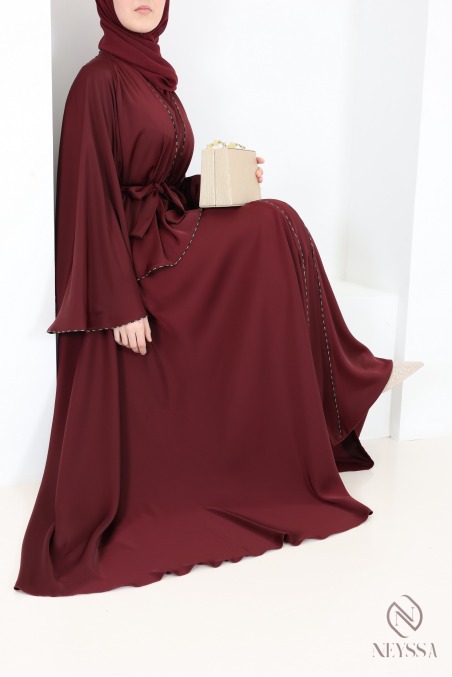 Abaya Dubaï kimono de luxe bordeaux à strass tendance