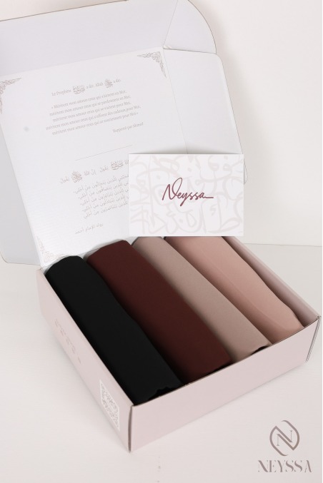 Gift box of 4 slip-on hijabs in crepe and chiffon, a perfect gift idea