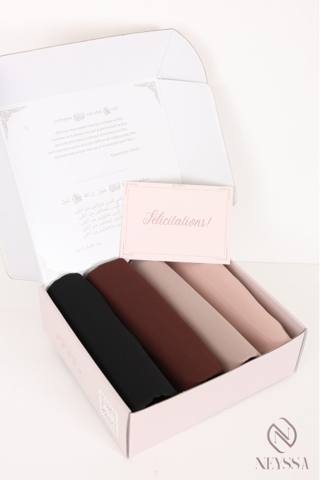 Box cadeaux 4 hijabs à enfiler en crêpe et mousseline, idée cadeau