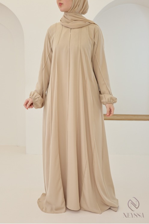 Beige Dubai abaya with puff sleeves for veiled hijabi women