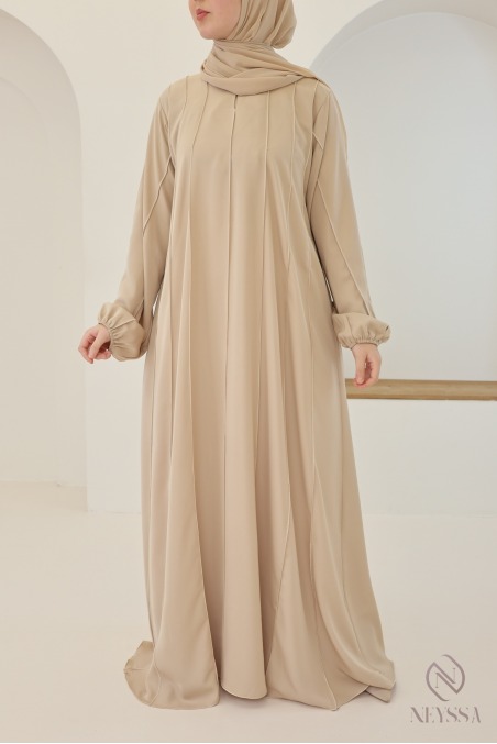 Beige Dubai abaya with puff sleeves for veiled hijabi women