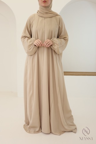 Beige Dubai abaya with puff sleeves for veiled hijabi women 2