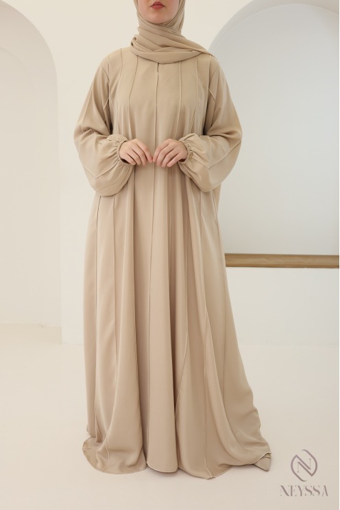 Beige Dubai abaya with puff sleeves for veiled hijabi women