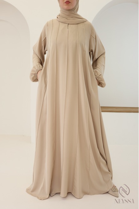 Beige Dubai abaya with puff sleeves for veiled hijabi women