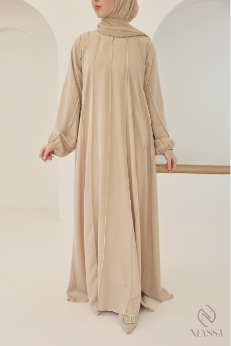 Beige Dubai abaya with puff sleeves for veiled hijabi women