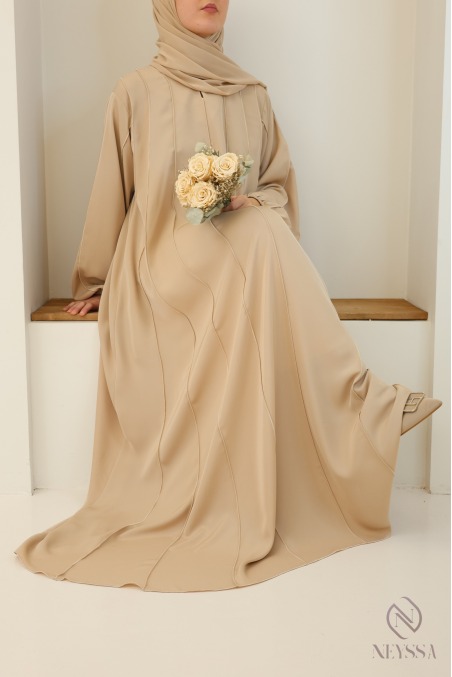 Beige Dubai abaya with puff sleeves for veiled hijabi women
