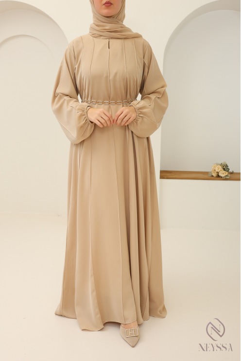 Abaya Dubaï beige manches bouffantes pour femme voilée hijabi