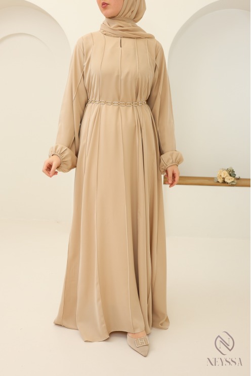 Beige Dubai abaya with puff sleeves for veiled hijabi women