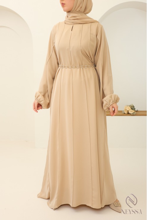 Abaya Dubaï beige manches bouffantes pour femme voilée hijabi