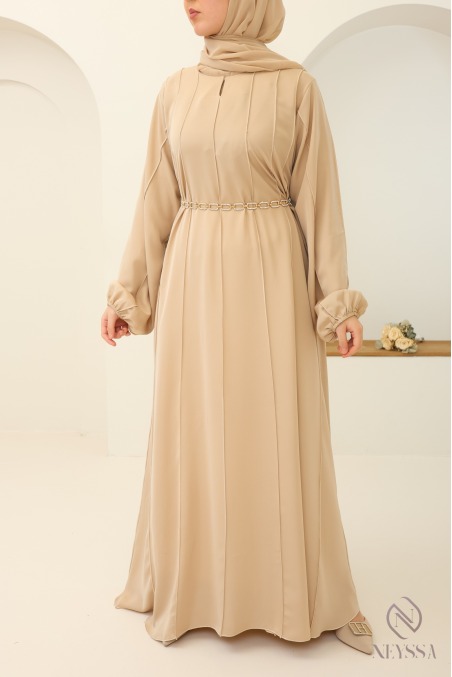 Abaya Dubaï beige manches bouffantes pour femme voilée hijabi