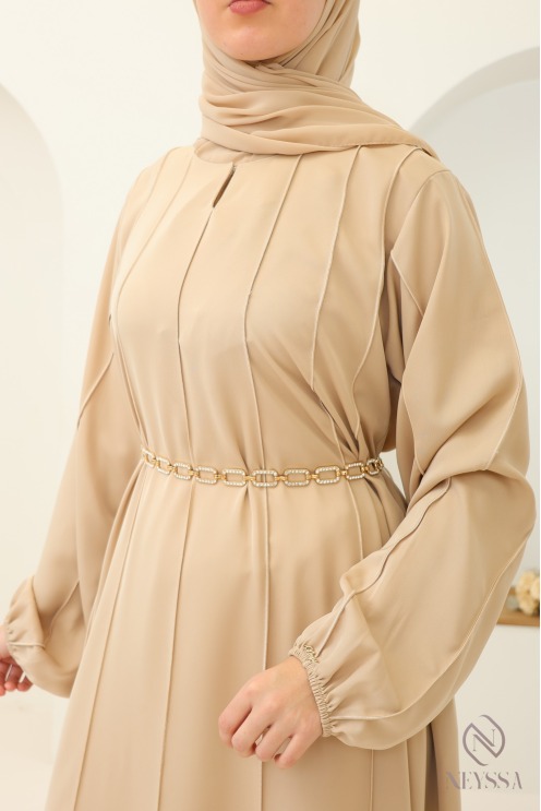 Beige Dubai abaya with puff sleeves for veiled hijabi women