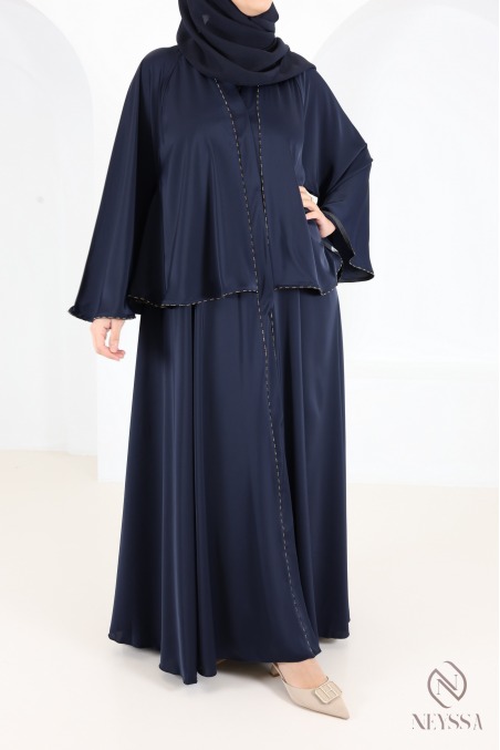 Abaya Dubai im Kimono-Stil, nachtblau, mit Strasssteinen und Rüschen