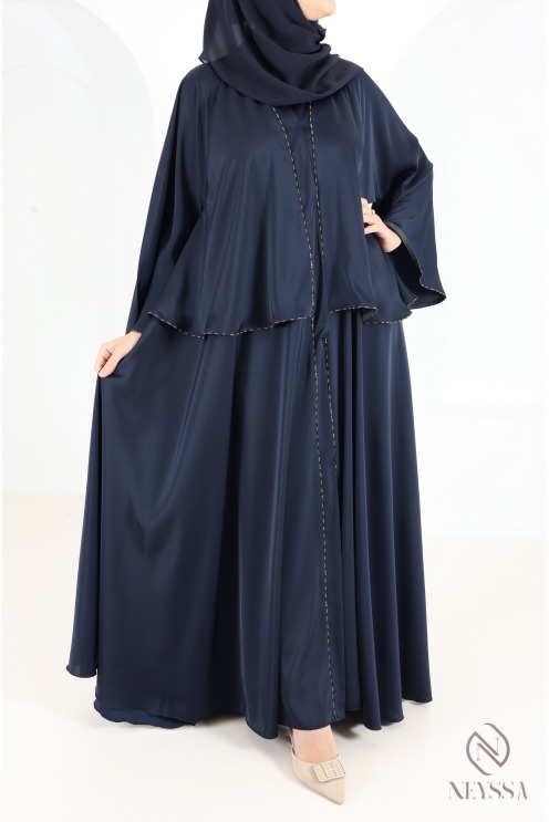 Dubai Kimono Abaya in Midnight Blue with Rhinestones and Ruffles