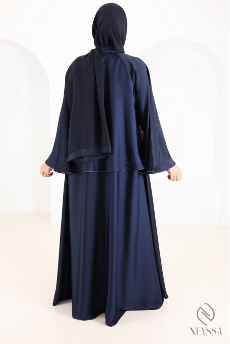 Dubai Kimono Abaya in Midnight Blue with Rhinestones and Ruffles