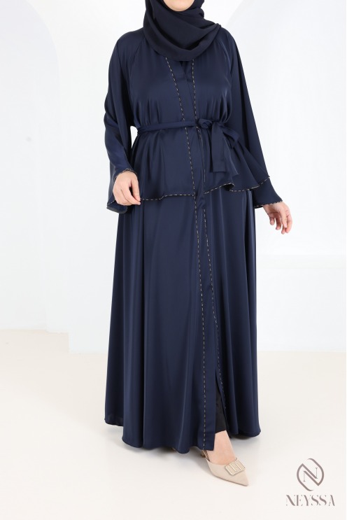 Abaya Dubaï kimono bleu nuit avec strass et volants