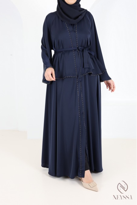 Dubai Kimono Abaya in Midnight Blue with Rhinestones and Ruffles