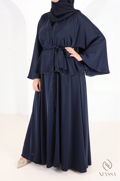 Abaya Dubai im Kimono-Stil, nachtblau, mit Strasssteinen und Rüschen