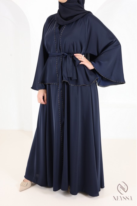 Abaya Dubaï kimono bleu nuit avec strass et volants