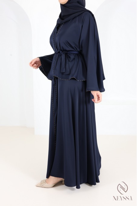 Abaya Dubaï kimono bleu nuit avec strass et volants