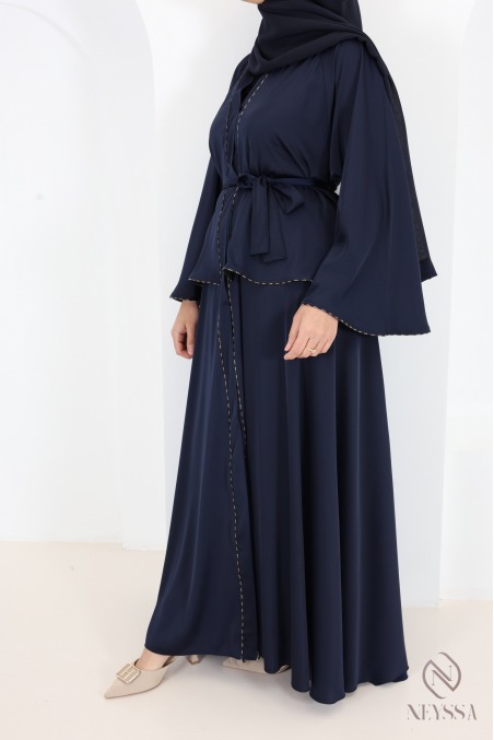 Dubai Kimono Abaya in Midnight Blue with Rhinestones and Ruffles