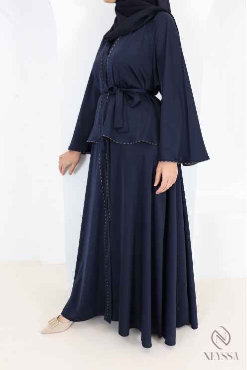 Dubai Kimono Abaya in Midnight Blue with Rhinestones and Ruffles