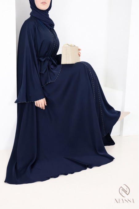 Dubai Kimono Abaya in Midnight Blue with Rhinestones and Ruffles