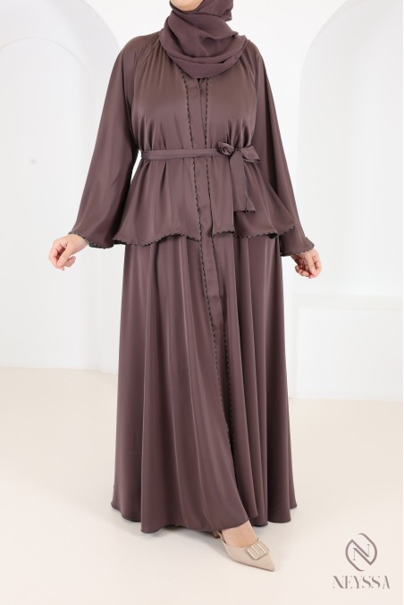 Abaya Dubaï kimono 2 pièces avec strass et volants, hijab inclus
